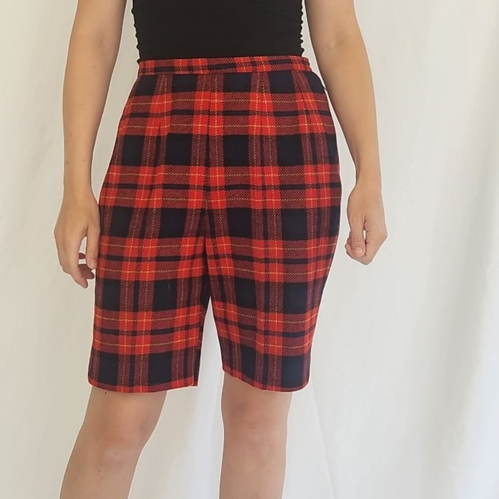 70s Red Plaid Wool Shorts